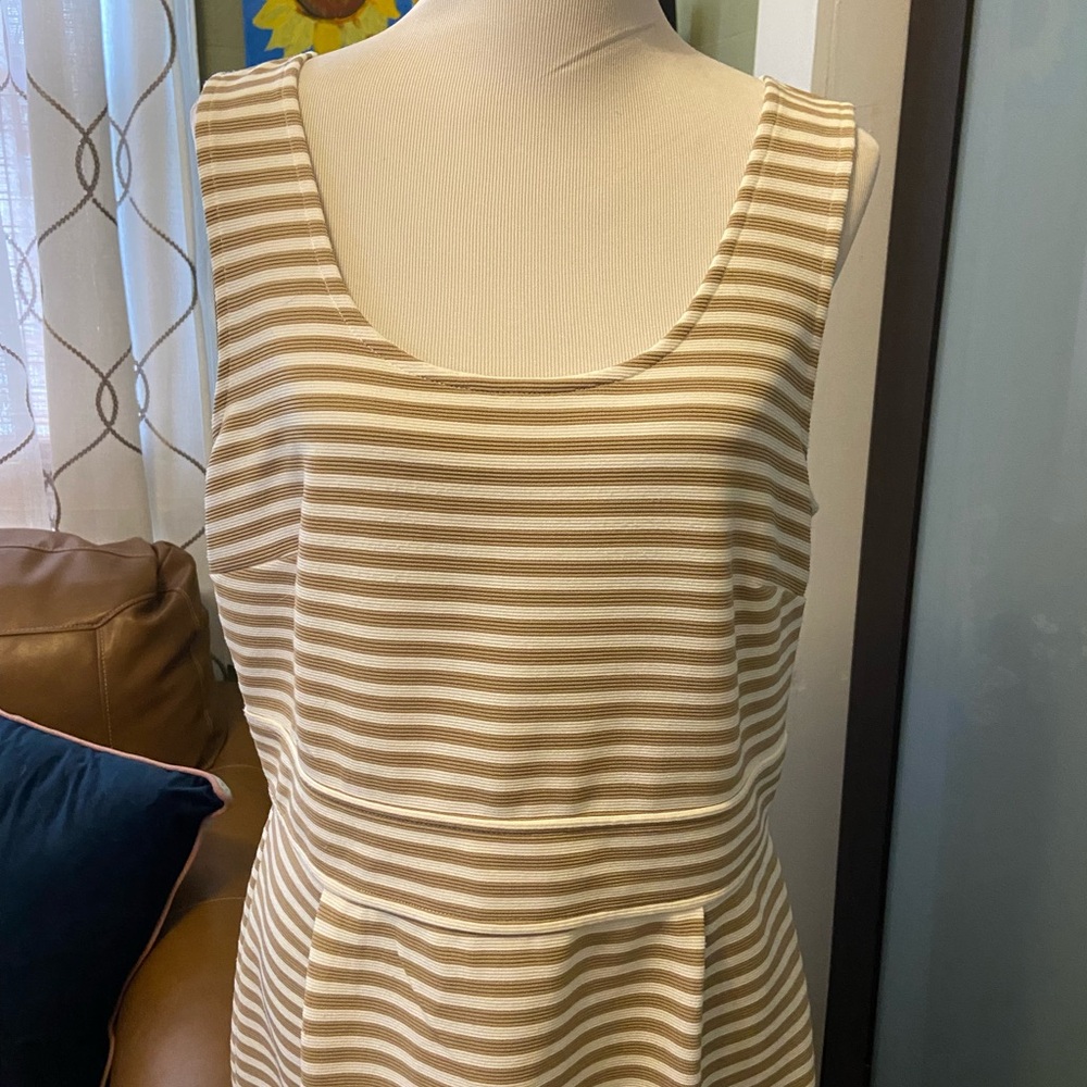 LOFT Tan and White Striped Midi Dress